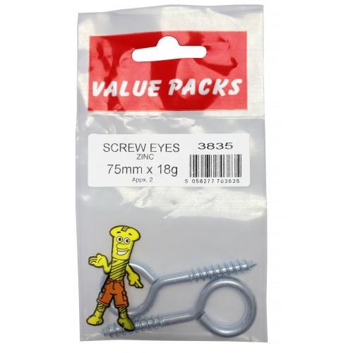 Value Pack 75mm x 18g Screw Eyes Zinc Plated 2 Per Pack Value Pack 75mm x 18g Screw Eyes Zinc Plated 2 Per Pack